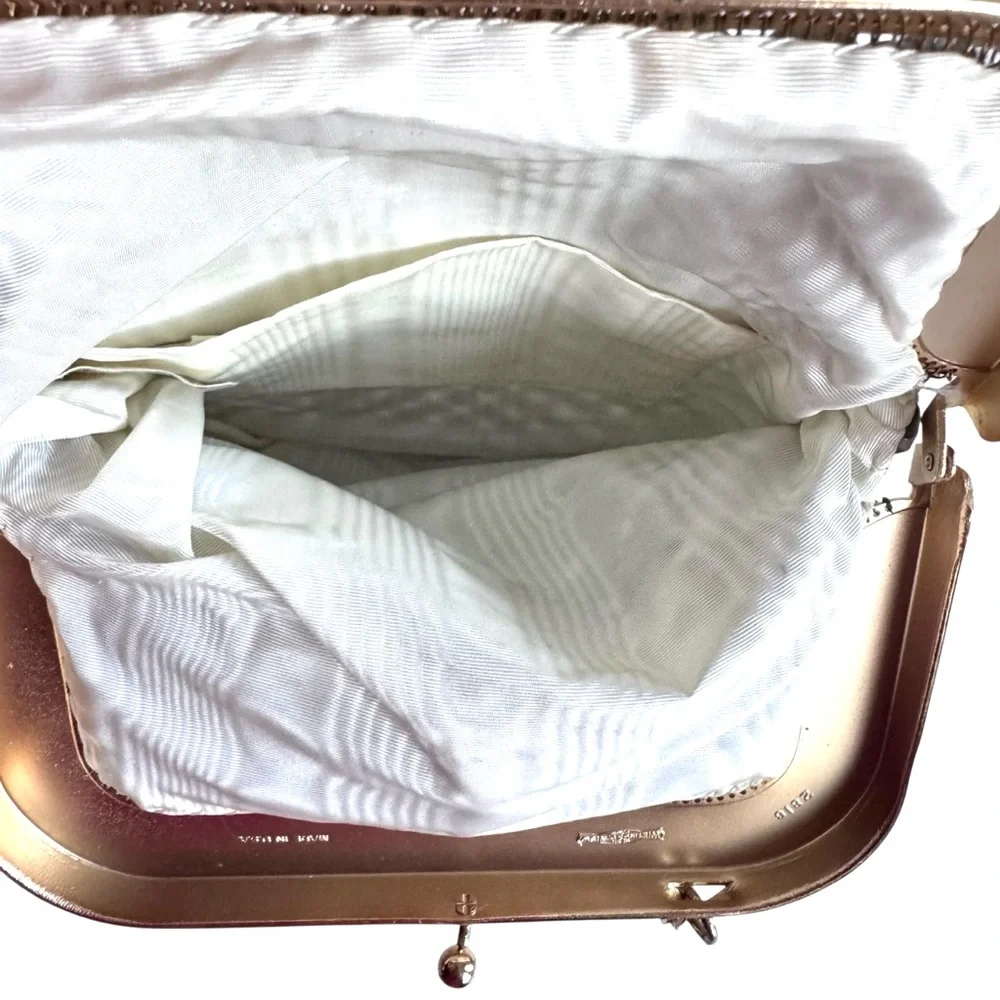 Vintage Whiting & Davis Purse Large Mesh Metal Matte Gold Cream 2816 Lined